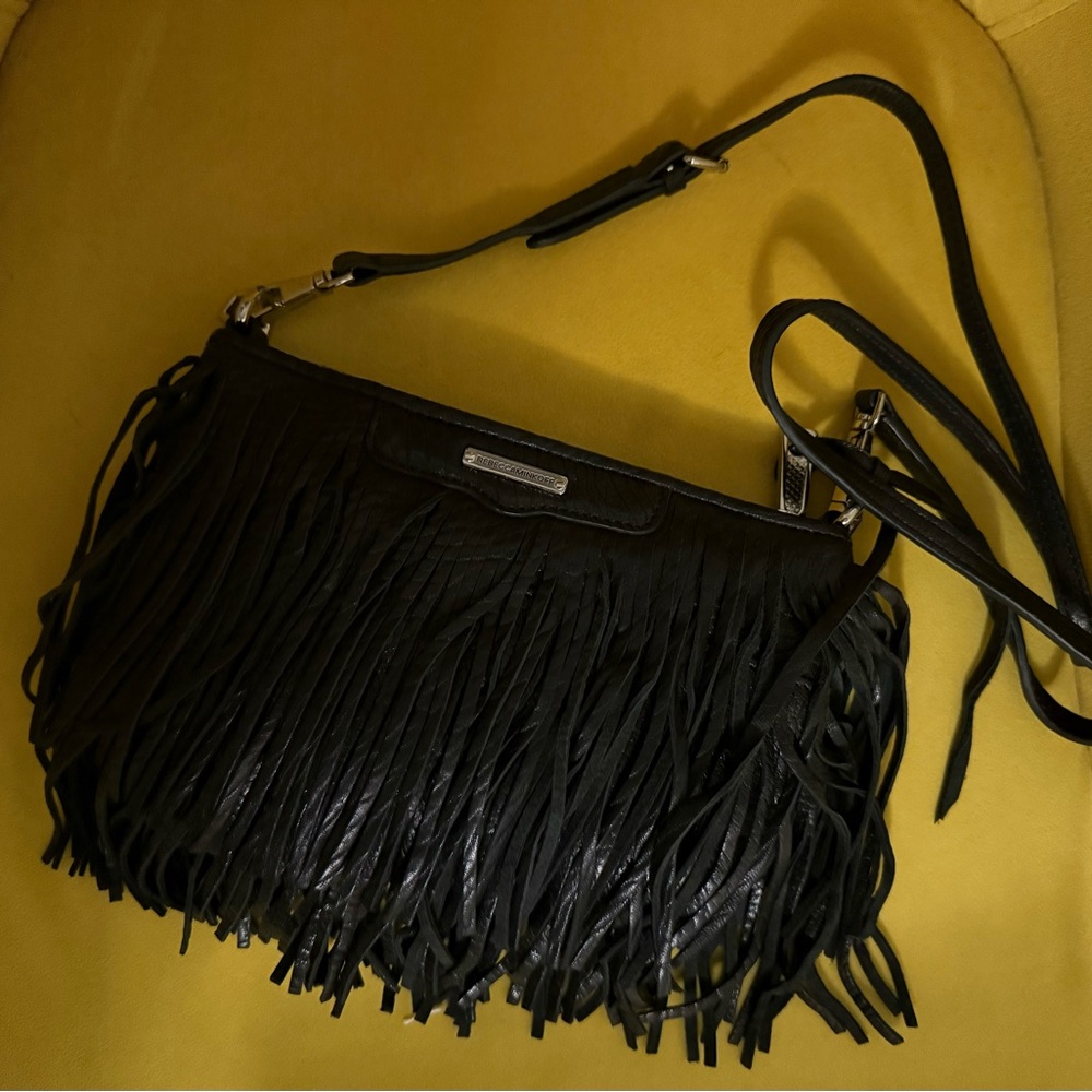 REBECCA MINKOFF Black Leather Fringe Purse Crossbody